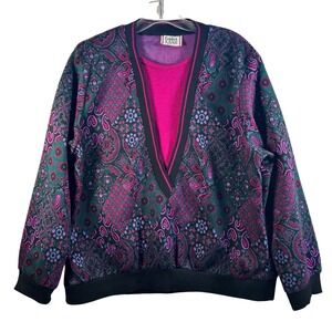 CRICKET LANE Women's Vintage Paisley Knit Sweater Top Pink Green‎ Black Size XL